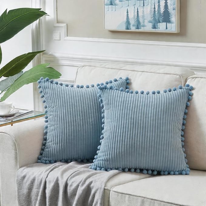 Fancy Homi Set of 2 Light Blue Decorative Throw Pillow Covers 20x20 Inch with Pom-poms, Boho Soft Corduroy Solid Square Baby Blue Cushion Cases Set for Couch Sofa Bedroom Car Living Room 50x50 cm