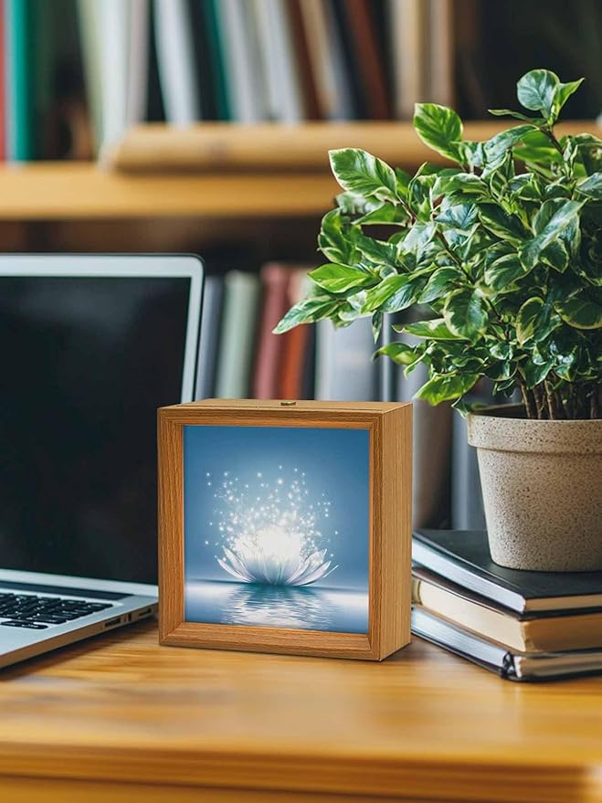 Wood Night Light Box 6.5x6.5in,Meditation Lotus Flower Table Lights Wooden Picture Frame with USB Rechargeable Touch LED Lights for Home Decor Desktop Display,Asian Zen Spiritual