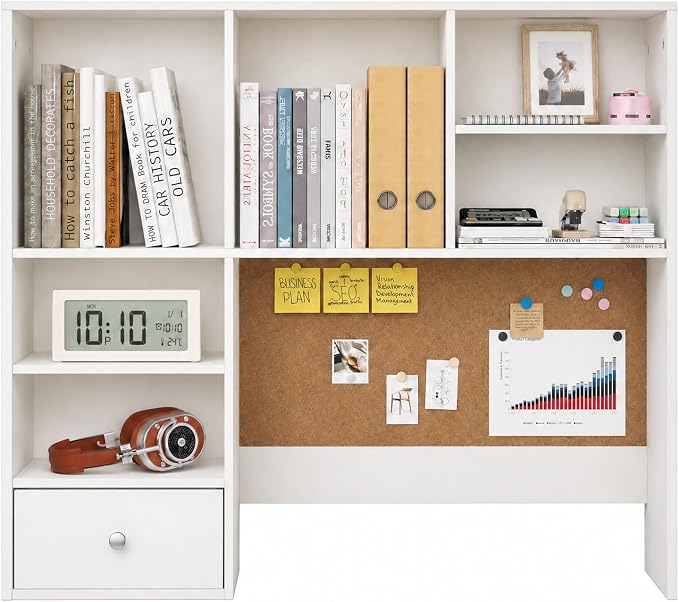 Desk Hutch Dorm with Cork Board, Shelves and Drawer | Desktop Bookshelf for College Dorm, Student Bedroom, White