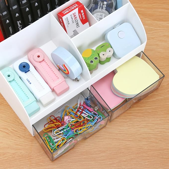 Office Desk Organizer with Drawers for Desktop/Tabletop/Counter, Desk Top Accessories Stationary Organizer Desk Caddy, Pen/Pencil/Business Card/Sticky Note Tray/Paperclip Holder Storage Box (White)
