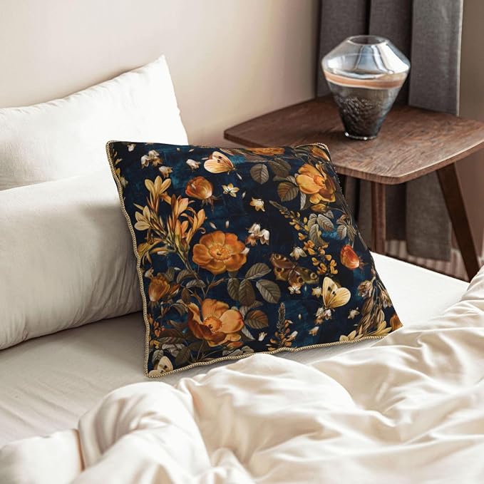 Vintage Floral Velvet Pillow Covers 20x20 Inch Blue Brown Leaf Flowers Throw Pillows for Couch Farmhouse Cushion Covers Pillowcase Butterfly Plant Leaves Pillow Cases for Sofa Bed Outdoor Decor