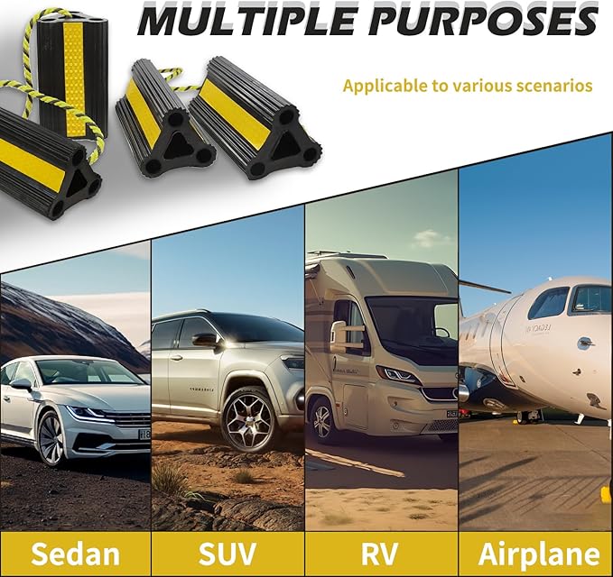 Wheel Chocks for RV Trailer Travel Camper Truck Car, Sturdy Heavy Duty Simple Easy to Use, Rubber Tires Block Stopper Chock with Rope and Yellow Reflective Tape Trailer RV Accessary(2set4pack)
