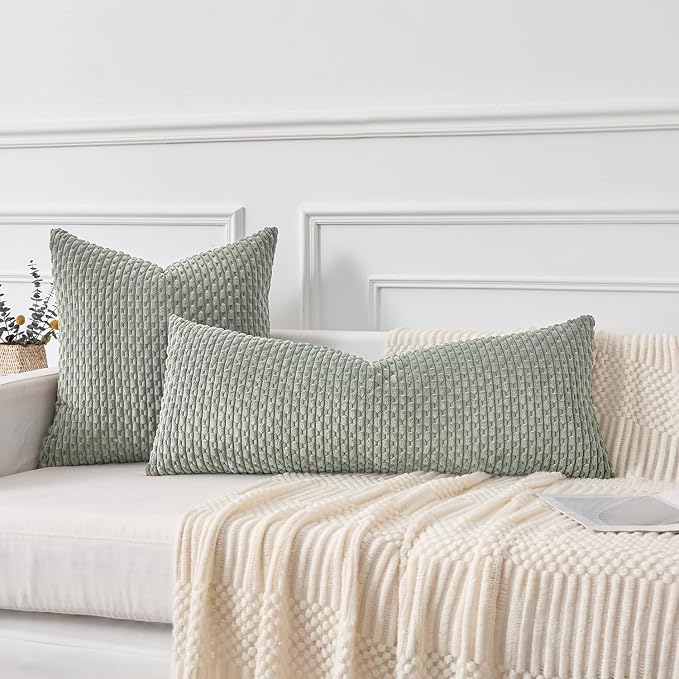 Kevin Textile Soft Corduroy 14"x36" Lumbar Pillow Cover 1 Pack, Grey Green | Boho Stripe Plush Corduroy Decorative Oblong Cushion Cover Modern Farmhouse Home Decor for Sofa Couch Bed Chair