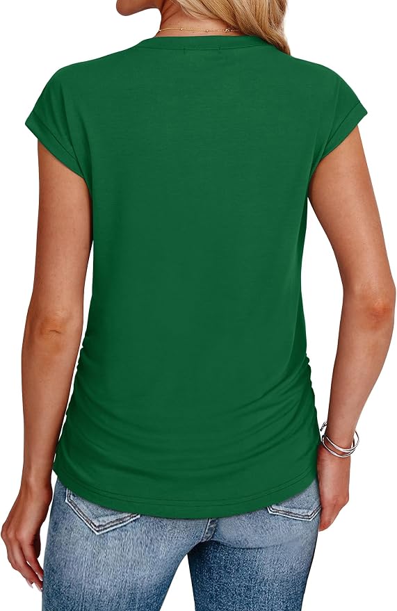 Sampeel Womens Summer Tops Trendy 2026 Ruched Cap Short Sleeve Tshirts Shirts Crew Neck T Shirts Fashion