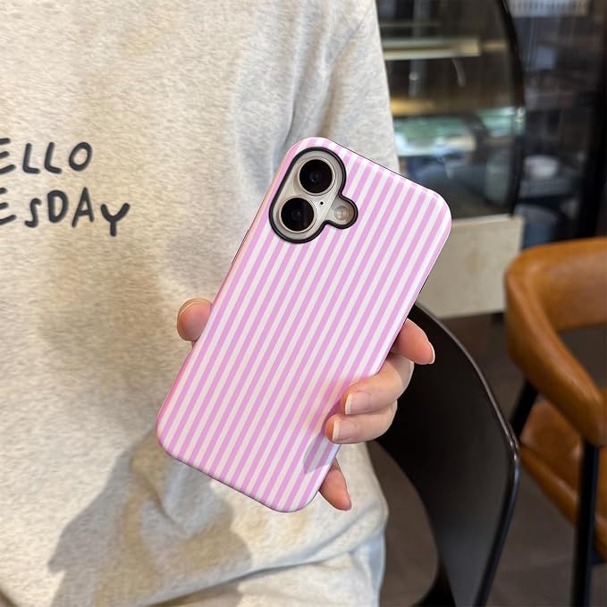 for iPhone 16 Case Striped Cute Aesthetics Phone Case Trendy Protective Shockproof Cover for iPhone 16 Pink White