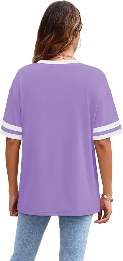 WIHOLL Womens T Shirts Loose Fit Short Sleeve Tees Crew Neck Color Block Summer Tops 2026 Fashion
