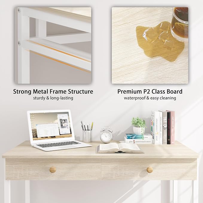 Weehom Computer Desk with Drawers, Home Office Workstation, Beige | Sturdy and spacious workstation for writing, studying and gaming, Suitable for PC and laptop use