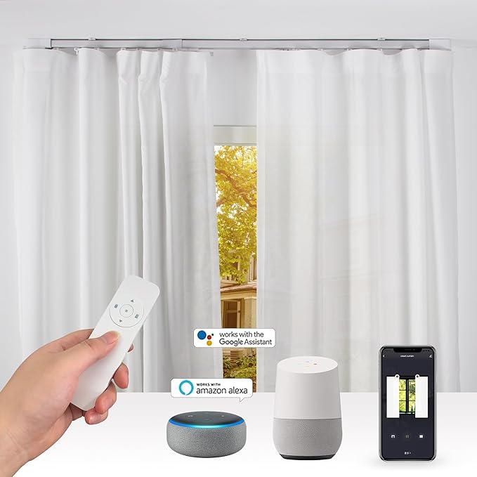 Smart Electric Curtain Ceiling Mounted Motorized Motor System Adjustable Track Length Compatible with Alexa Google Siri Apple 90-157in.