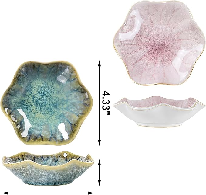 2Pcs Ceramic Jewelry Dish - Lotus Leaf Shape, for Ring Holder Necklace Small Key, Suitable for Mother Friend Sister, Gifts for Women, Cute Plate Trinket Tray, Home Decor (Crystal Green & Pink)