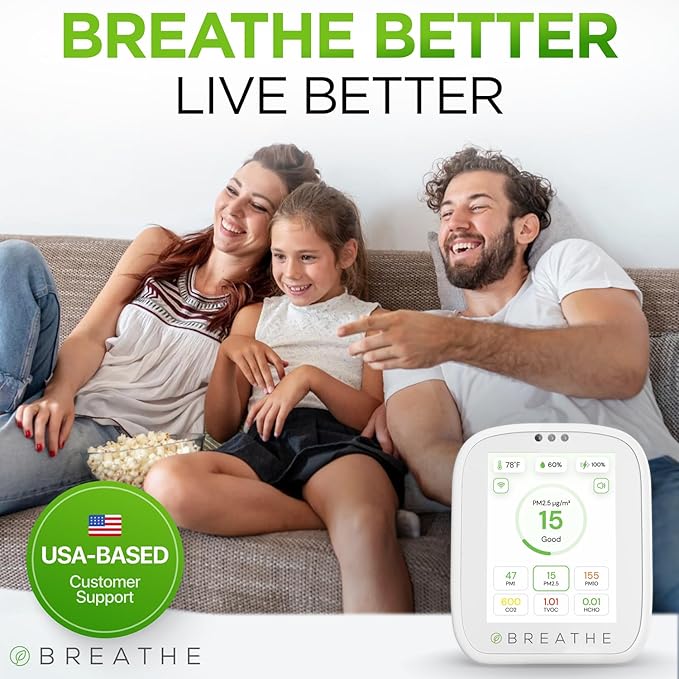 BREATHE Airmonitor Plus: Smart Air Quality Monitor Indoor - 8-in-1 CO2 Meter, Formaldehyde Detector, VOC Meter, PM1/2.5/10, Temperature & Humidity - Air Quality Tester for Home with App