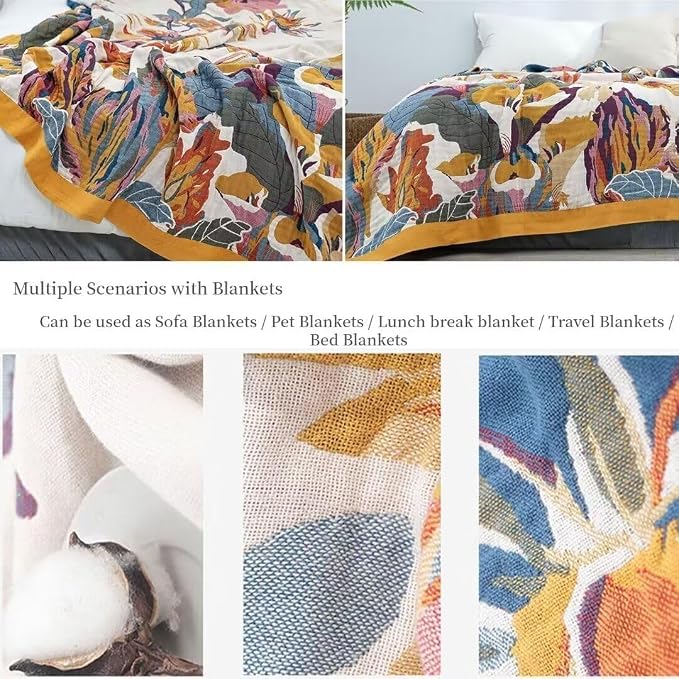 Boho Throw Blanket for Bed 100% Cotton Bohemian Blankets Ultra Soft Woven Muslin Decorative Blankets All Seasons Vintage Quilt Knitted Blanket for Sofa Chair(Yellow, 80"x90")