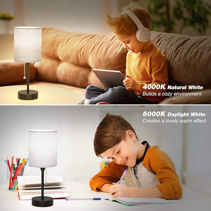 Grey Nightstand Lamps 3 Color Temperatures - 3000K 4000K 5000K Bedside Lamps with USB C and A Ports, Pull Chain Table Lamps with AC Outlet, Small Lamps with Black Metal Base for Sleeping Reading