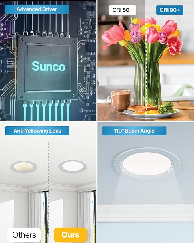Sunco 12 Pack 6 Inch LED Recessed Light, Ceiling Canless Recessed Lights, Baffle Trim Ultra Thin, 850 LM, 14W, 5000K Daylight, Dimmable, Wafer Thin with Junction Box.
