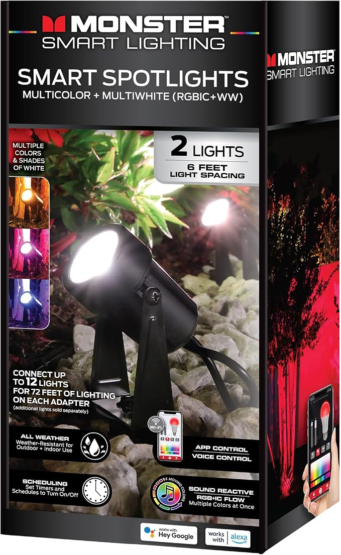 Monster Smart Outdoor RGB+IC+WW Spotlights 2 Pack, Dimmable LEDs, Sound Reactive, IP44 Water & Weather Resistant, Compatible with Alexa, Siri, Google Home, Monster App, Razer Chroma, Voice Controlled