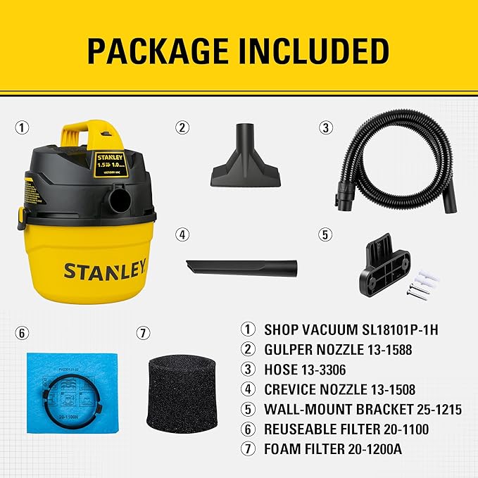STANLEY Shop Vacuum Wet and Dry, 1 Gallon 1.5 Peak HP Small Wet Dry Vac with 60CFM Powerful Suction, Portable Wall Mount Vacuum Cleaners for Home, Car, Garage and DIY Workshop, SL18101P-1H