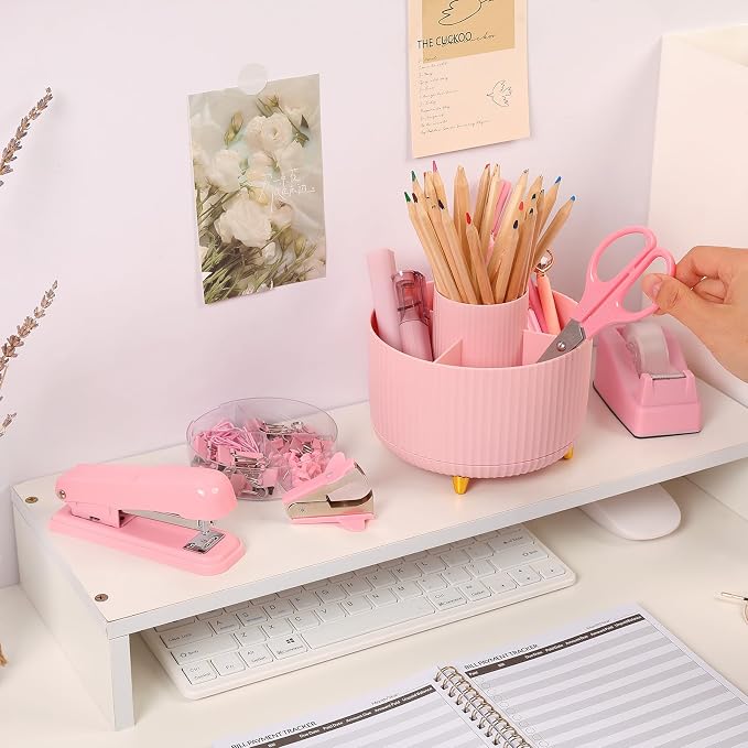SKYDUE Pink Office Supplies Set, Pencil Holder for Desk,Gel Pen, Stapler, Tape Dispenser, Scissors,Clips and 1000pcs Staples, Office Decor for Women, Pink Desk Accessories