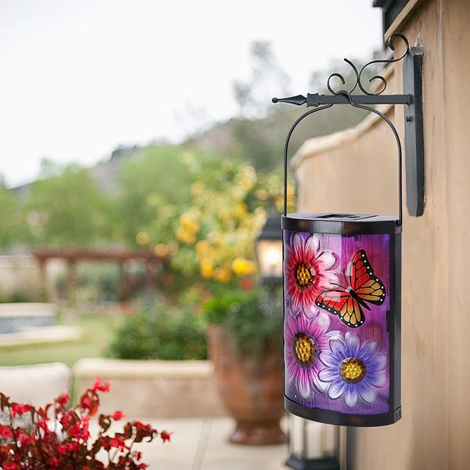 Afirst Hanging Solar Lantern Outdoor Butterfly Glass Lights Waterproof LED Lamp for Garden Yard Tree Desk Decor