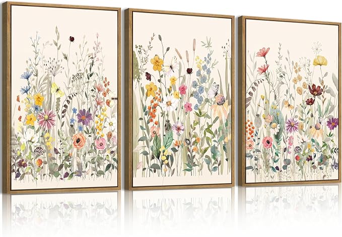BINCUE Wildflower Wall Art Large Floral Wall Painting Neutral Print Pictures Decor for Living Room Bedroom Bathroom 3 Panel 36x24 Inches