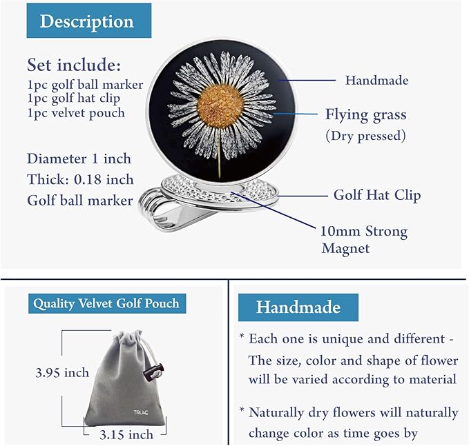 Golf Ball Marker hat Clip with Ball Marker, Handmade Pressed Flower Golf Marker, Golf Gifts, Golf Accessories for Women