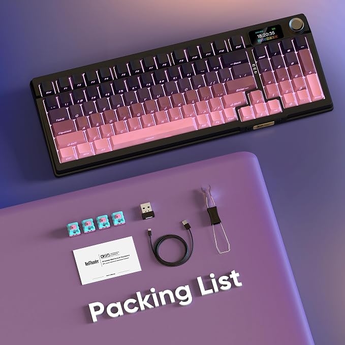 RedThunder K95 Wireless Mechanical Keyboard,TFT Screen & Knob, Trip-Modes Connection, Gasket Custom Hot-Swap Keyboard, RGB Backlit, Pre-lubed Linear Switches, Side Printed PBT Keycaps, Gradient Pink