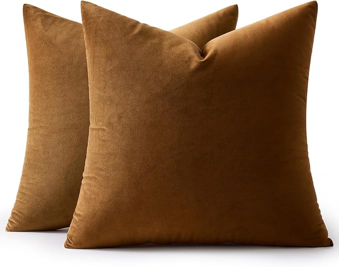 MIULEE 24x24 Inch Pack of 2 Euro Velvet Throw Pillow Covers Golden Brown | Soft Solid Decorative Euro Sham, Modern Luxury Home Decor, for King Bed Sofa Couch Bedroom Livingroom
