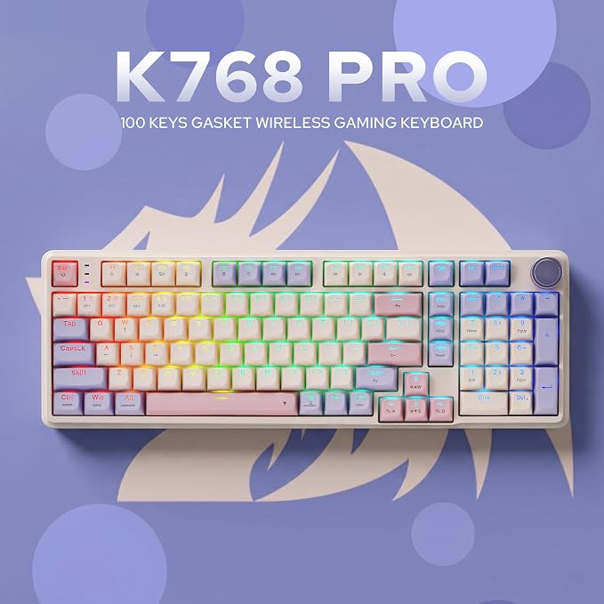 Redragon K768 PRO Wireless 100-Key Gasket Gaming Keyboard, Knob + 8000mAh | Multi-Function Control Wheel, 0-Delay Tri-Mode, Cushioned 5-Layer Noise Dampening for Creamy Thocky Sound, Practical 95% Size