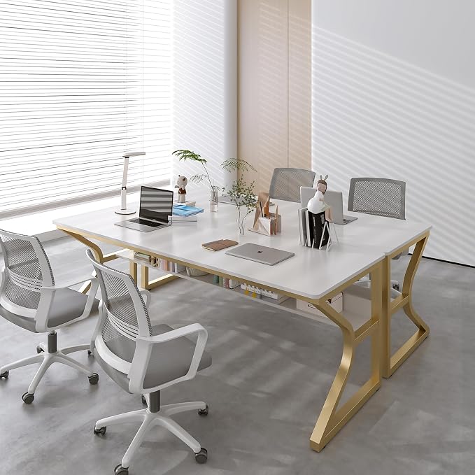 OSCHF 71-Inch Extra Long Desk with Storage Shelf, Gold | Double Long Writing Table, Space-saving, 2-Person Workstation, Modern Study Work Computer Desk, For Home Office