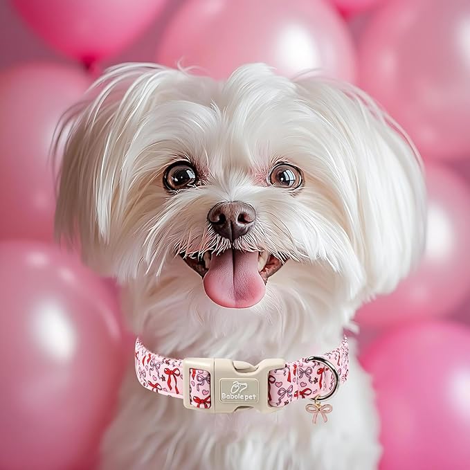 Girl Dog Collar for Large Dogs - Cute Heart Bow Print Girly Dog Collars, Soft Adjustable Spring/Summer Holiday Female Dogs Collar with Quick-Release Buckle L