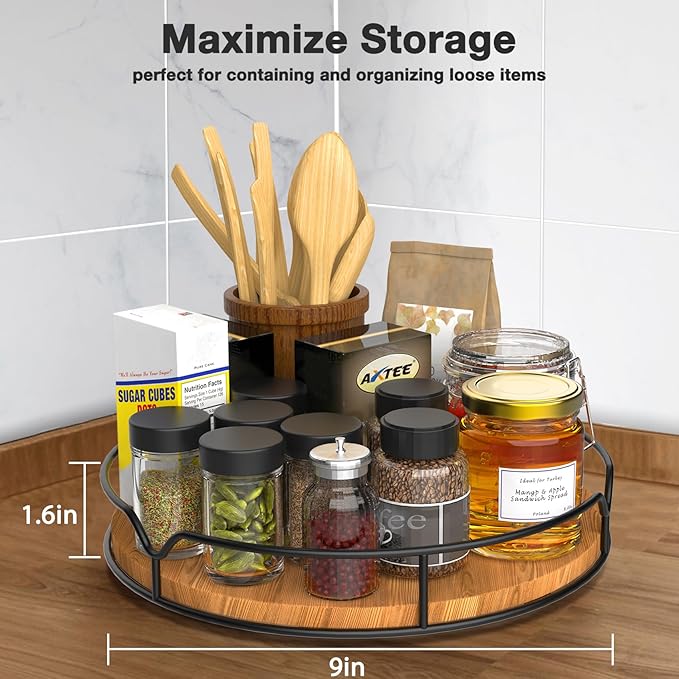 Lazy Susan Turntable Organizer for Cabinet Pantry Kitchen Countertop Refrigerator Cupboard, Pine Wood, 9", Carbonized Black