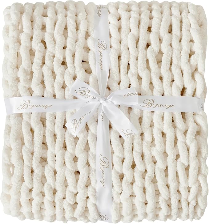 Bigacogo Chunky Knit Throw Blanket for Couch, 40x80 inches, Vintage White | Hand Knit with Jumbo Chenille, Soft Breathable Cable Knit for Sofa Bed Living Room, Machine Washable, Gift for Mom Friend