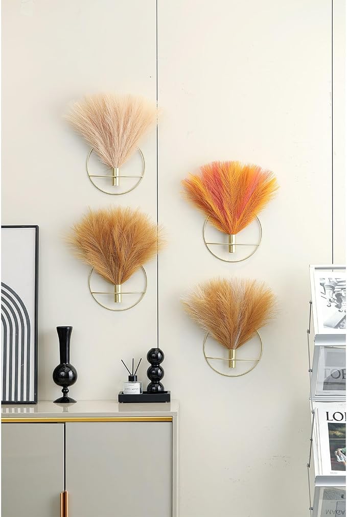 Pretty Jolly Boho Pampas Wall Decor Black Metal Wall-Mounted Art | Morden Artificial Greenery Display,2 Pack Hanging Planter For Living Room, Bedroom, Bathroom, Dining room