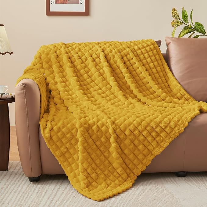 BEDELITE Mustard Yellow Checked Fleece Throw Blanket for Couch, 50x70 Inch | Soft Warm Fuzzy Fluffy Blanket for Bed Sofa, Lightweight Plush Cozy Blankets for Home Room Decor, Gift for Women, All Season