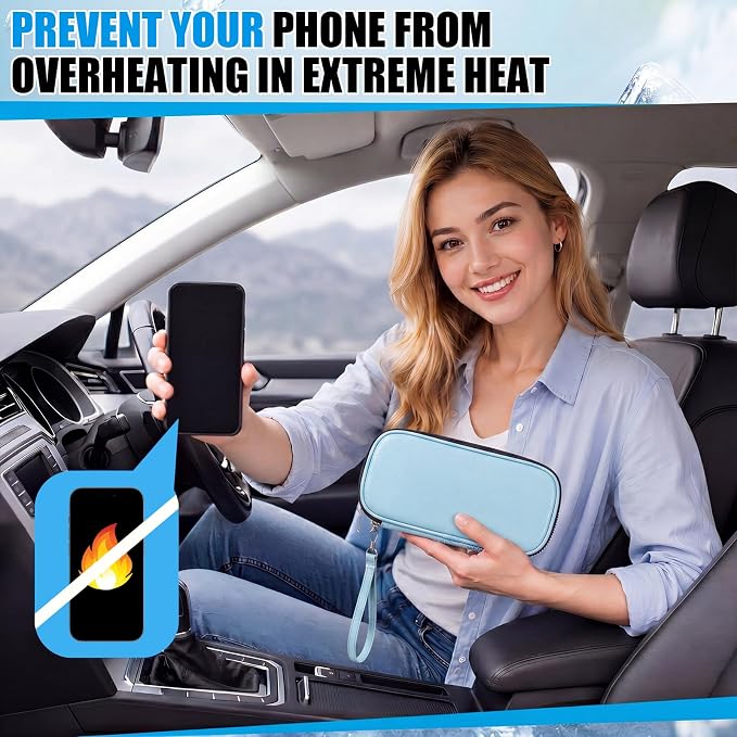 Phone Cooler Bag for Beach, Portable Phone Cooling Pouch with 2 Reusable Ice Packs, Keeps Cool in Extreme Heat for Car Pool Hiking, Extends Battery Life, Fits All Smartphones(Blue,PU)