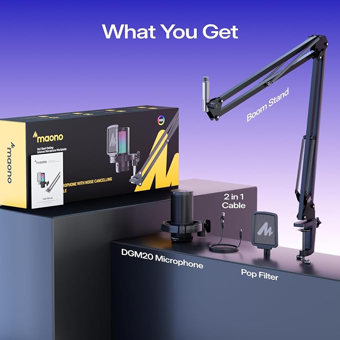 MAONO DGM20S Gaming Microphone for PC with Clear Voice & Noise Reduction | RGB Lighting, Tap-to-mute, Gain Control, Headphone Monitoring and Boom Arm for Discord Gaming, Streaming, Content Creation