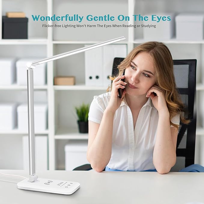 LED Desk Lamp with Wireless Charger & USB Charging Port,Dimmable Table Lamp Reading Lamp for Home Office,5 Color Modes,5 Brightness,Touch Lamp for Study、Office、Bedroom,30/60 Minutes Timer