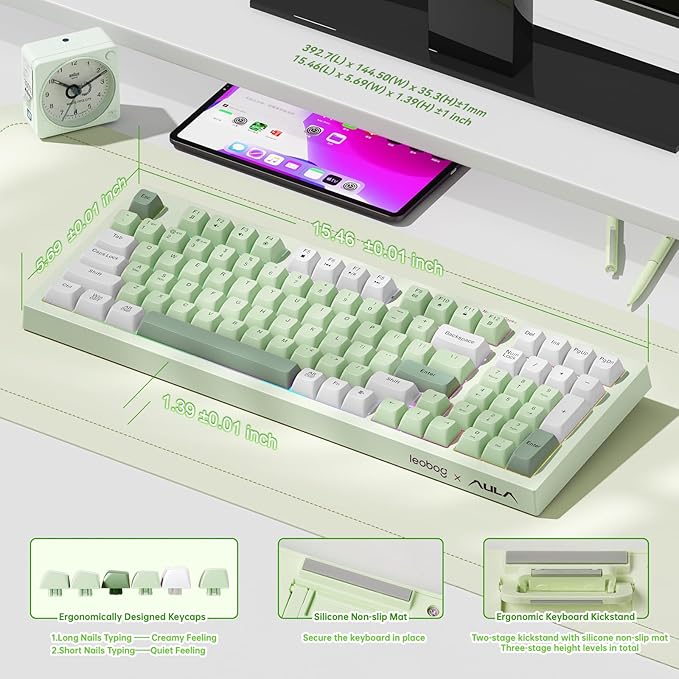 LEOBOG x Aula Wireless Keyboard 98 Keys Membrane Computer Keyboards | Silent Keyboard, 2000mAh Creamy Keyboard with Number Pad, Tri-Mode BT/2.4GHz/USB-C Connection for PC MAC Office Dorm Rooms