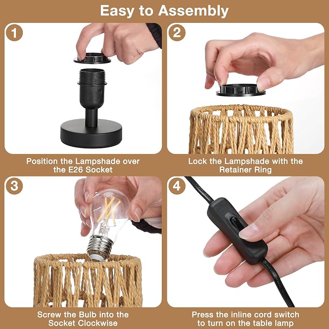 Fenmzee Table Lamps (Rattan Rope Shade - Black Base, 9" Inline Control) | 3000K LED Blub Included | 680 Lumens | Easy Assembly | Minimalist Design | E26 | for Kitchen | for Kids Room