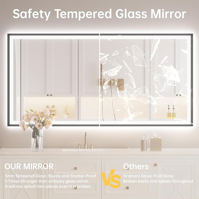 60x36 LED Bathroom Mirror with Lights, Black Aluminum Framed, Backlit + Front Lit, Lighted Bathroom Vanity Mirror for Wall, Anti-Fog, Memory Function, Dimmable, Shatterproof ETL Listed
