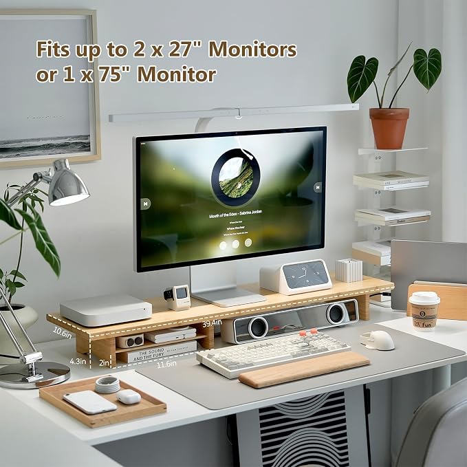 Bamboo Dual Monitor Stand Riser Natural, 2-Tier Desk Monitor Riser for 2 Monitors, Supports for PC Computer Monitor, Printer, Heavy TV Riser up to 300 lbs