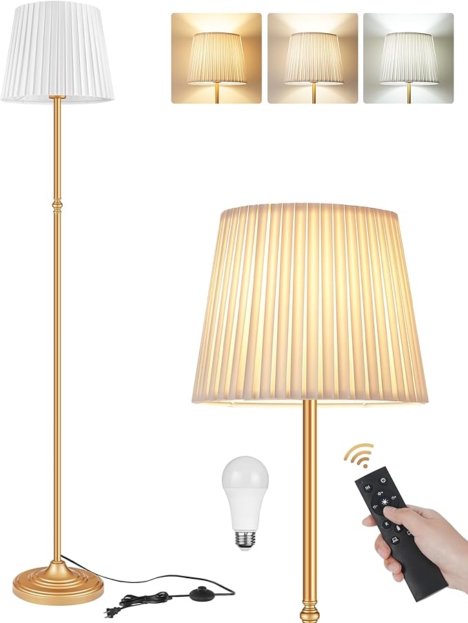Dimmable Floor Lamp for Living Room, 68" Tall Standing Lamp, Reading Light with Remote & Foot Pedal, 10W LED Bulb (3000K-6500K) Included, FCC Listed, Reinforced Base, Gold and White DW12LD05