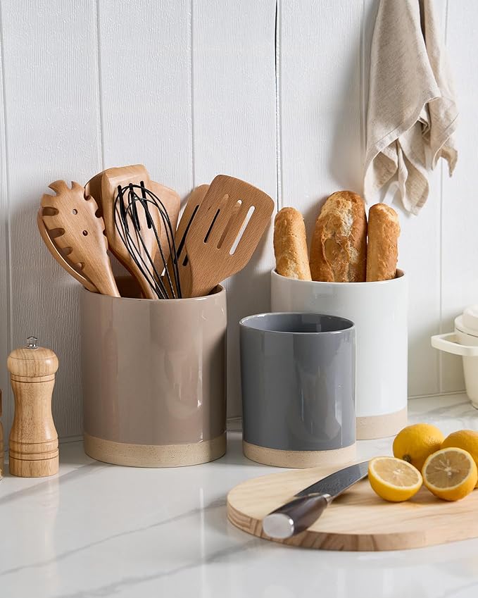 famiware Milkyway Kitchen Utensil Holder for Countertop, Ceramic Cooking Utensil Crocks for Kitchen Counter, Utensil Organizer for Spatula & Spoon, Set of 2, Cinnamon Brown and White