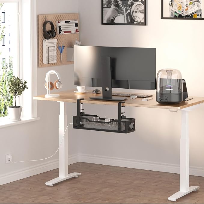 Under Desk Cable Management Large, Cinati 16" Cable Management Box for Table Thickness up to 3", Wire Cord Organizer with Clamp No Drill, No Damage to Desk (Black)