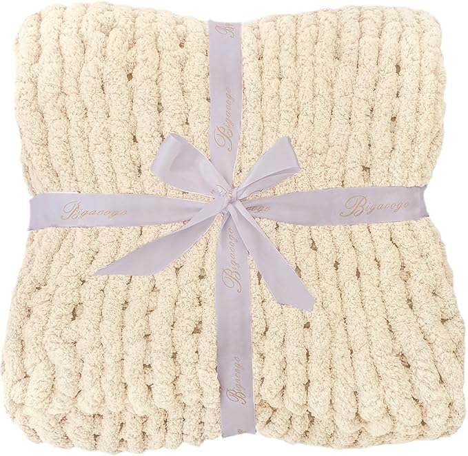 Bigacogo Chunky Knit Throw Blanket for Couch, 40x60 inches, Beige | Hand Knit with Jumbo Chenille, Soft Breathable Cable Knit for Sofa Bed Living Room, Machine Washable, Gift for Mom Friend