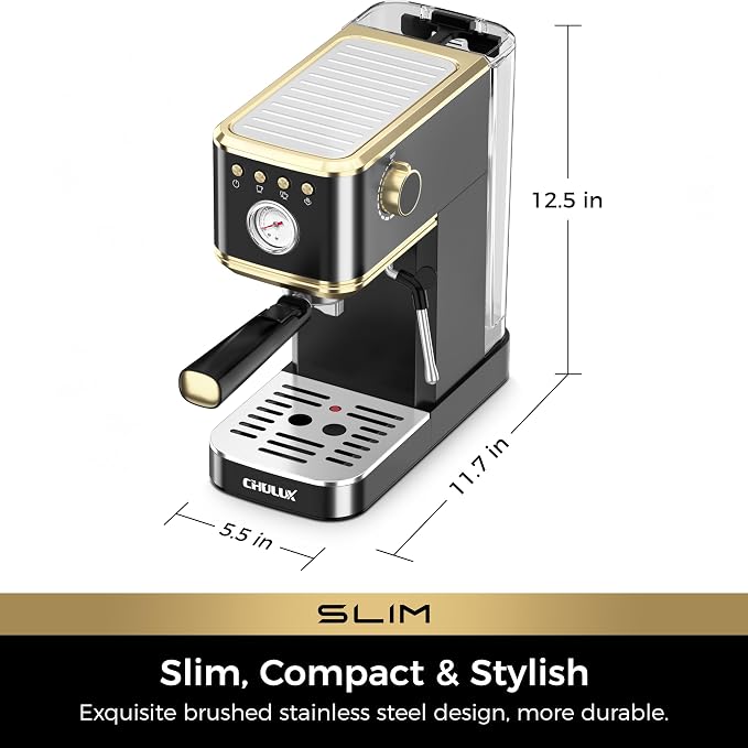 CHULUX Slim Espresso Machine with Milk Frother for Home Latte, Black & Gold | Precise Pressure Gauge, Food-Grade Materials, 20 Bar Italian Pump, Professional Temperature Control System, Stainless Steel
