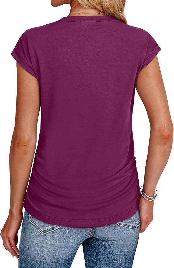 Sampeel Womens Summer Tops Trendy 2026 Ruched Cap Short Sleeve Tshirts Shirts Crew Neck T Shirts Fashion