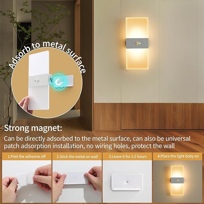 2pcs Motion Sensor Wall Sconces, Battery Operated Wall Sconce, Indoor Rechargeable USB Wall Light, Magnetic Wireless Warm White Energy Saving Wall Lamp for Hallway, Staircases, Living Room