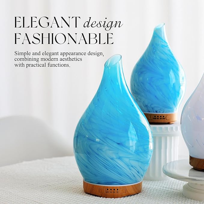 Porseme 280ml Essential Oil Diffuser Glass Color Changing Aroma Air Diffusers Aromatherapy Ultrasonic Cool Mist Humidifier 7 Running Hours Waterless Auto-off for Sleeping, Yoga, Office, Spa(Blue Wave)