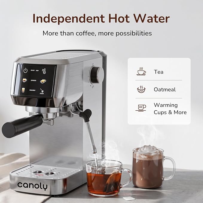 Canoly 2-in-1 Espresso Machine, Cold Brew Maker, 20 Bar Pump, Touchscreen | Steam Milk Frother for Cappuccino and Latte, Compact Home Espresso Maker, 9 Bar Extraction, Fast Heating, Easy Cleaning