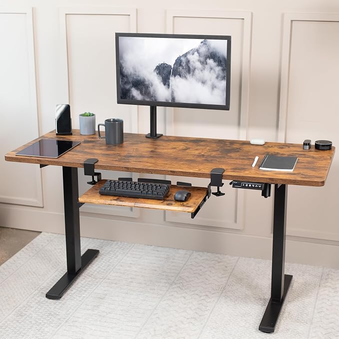 VIVO Small Keyboard Tray, Under Desk Pull Out with Extra Sturdy C Clamp Mount System, 20 (26 with Clamps) x 11 inch Slide-Out Platform Drawer, Rustic Vintage Brown Top, Black Frame, MOUNT-KB05ES-N | Keyboard Tray for Typing, Slide Out Platform, Rustic,...