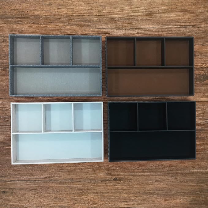 Desktop Storage Organizer, Bedside Table or Storage rack Leather Tray, Valet Tray, Dresser Organizer, 4 Compartments,PU Leather Drawer Storage Organizer Decorative Trays. (gray)